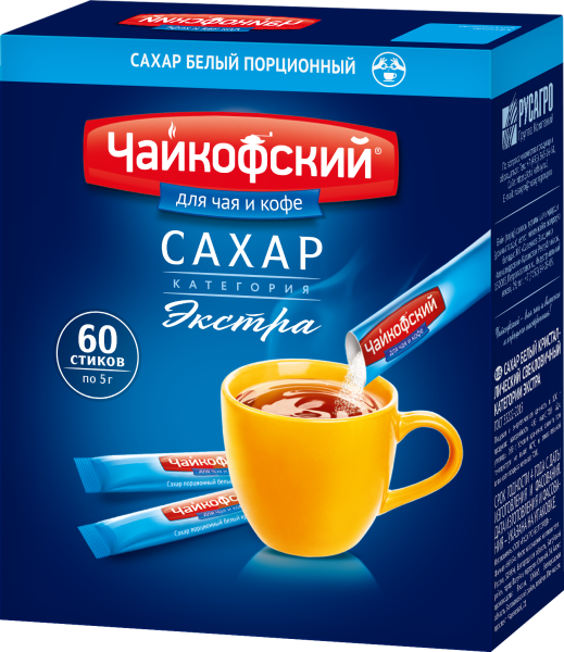 Сахар белый в стиках порционный Чайкофский 0,3 кг (60*5г) Экстра 1/10 шт